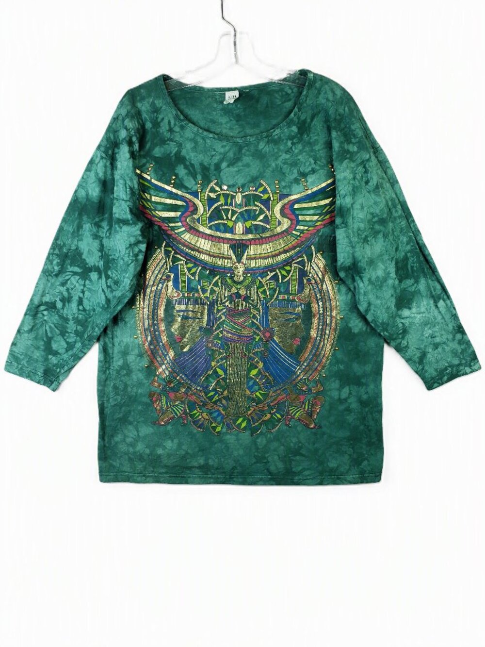 Vintage Bijan USA Tee Tunic Long Sleeve Egyptian Theme Print Beaded Tie Dye O/S